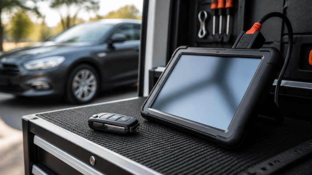 Car key fob and diagnostic equipment for vehicle key reprogramming