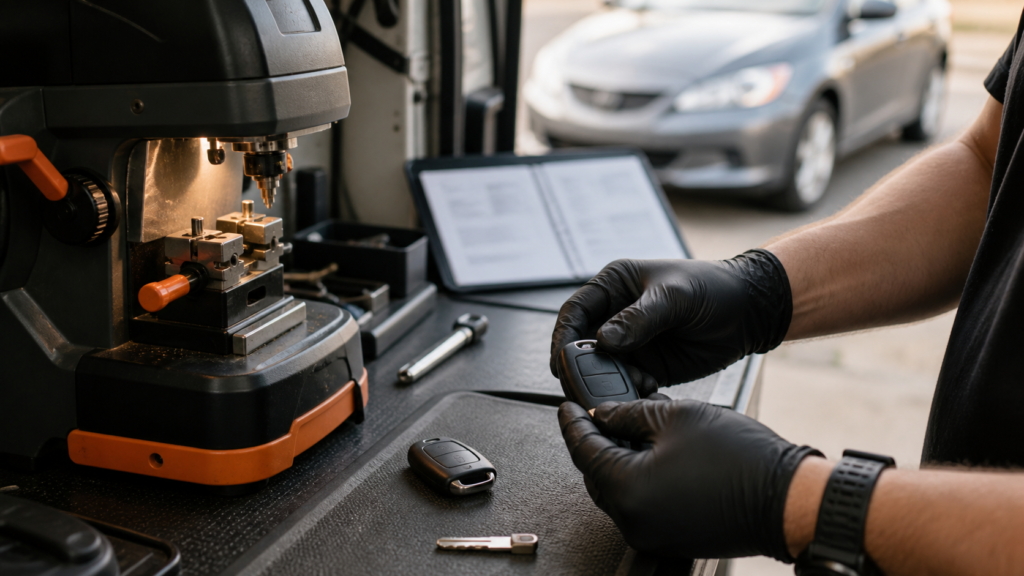 Automotive locksmith preparing a replacement car key without the original