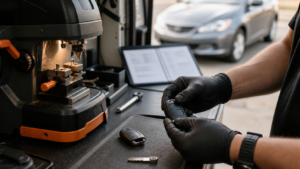 Automotive locksmith preparing a replacement car key without the original