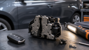 Vehicle door lock assembly and car key fob on an automotive workbench