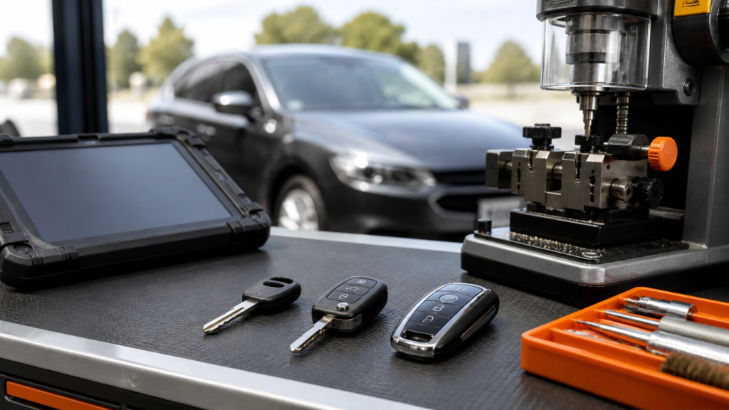 Three vehicle key types beside key cutting and diagnostic equipment