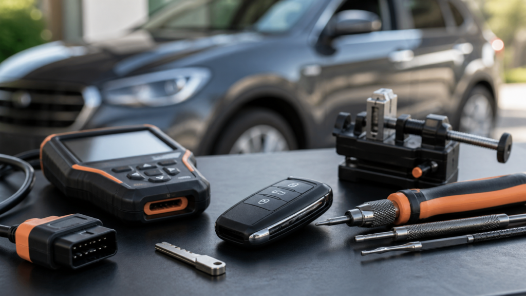 Car key fob and automotive locksmith tools used for pricing assessment