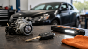 Vehicle ignition component and worn car key ready for inspection