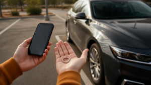 Driver beside a parked car after losing the vehicle keys