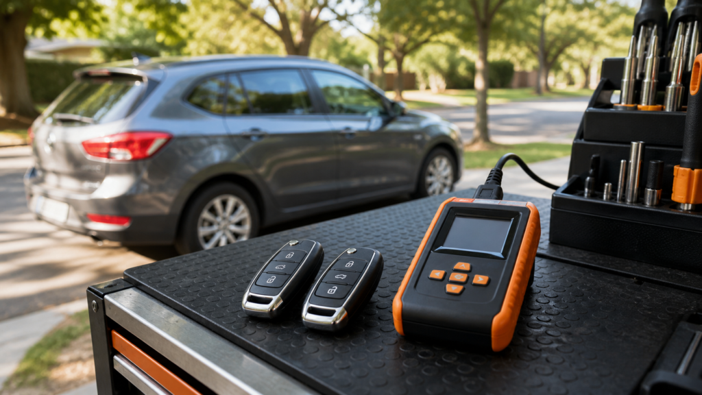 Primary and spare car key fobs with transponder programming equipment in Rowville