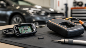 Opened car key fob and transponder programming equipment