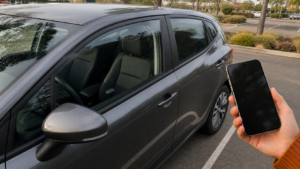 Car key visible inside a locked vehicle with a phone ready for assistance