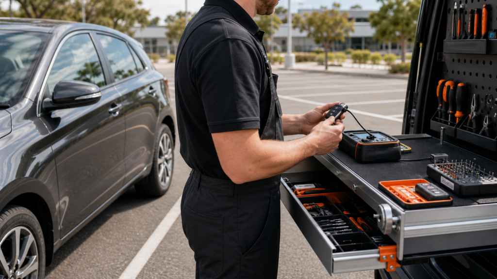 Automotive locksmith testing a remote car key beside a parked vehicle