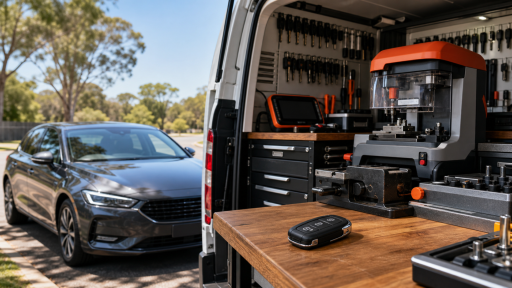 Car key fob and mobile automotive locksmith workshop beside a vehicle