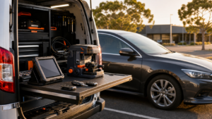 Mobile automotive locksmith workstation beside a parked car
