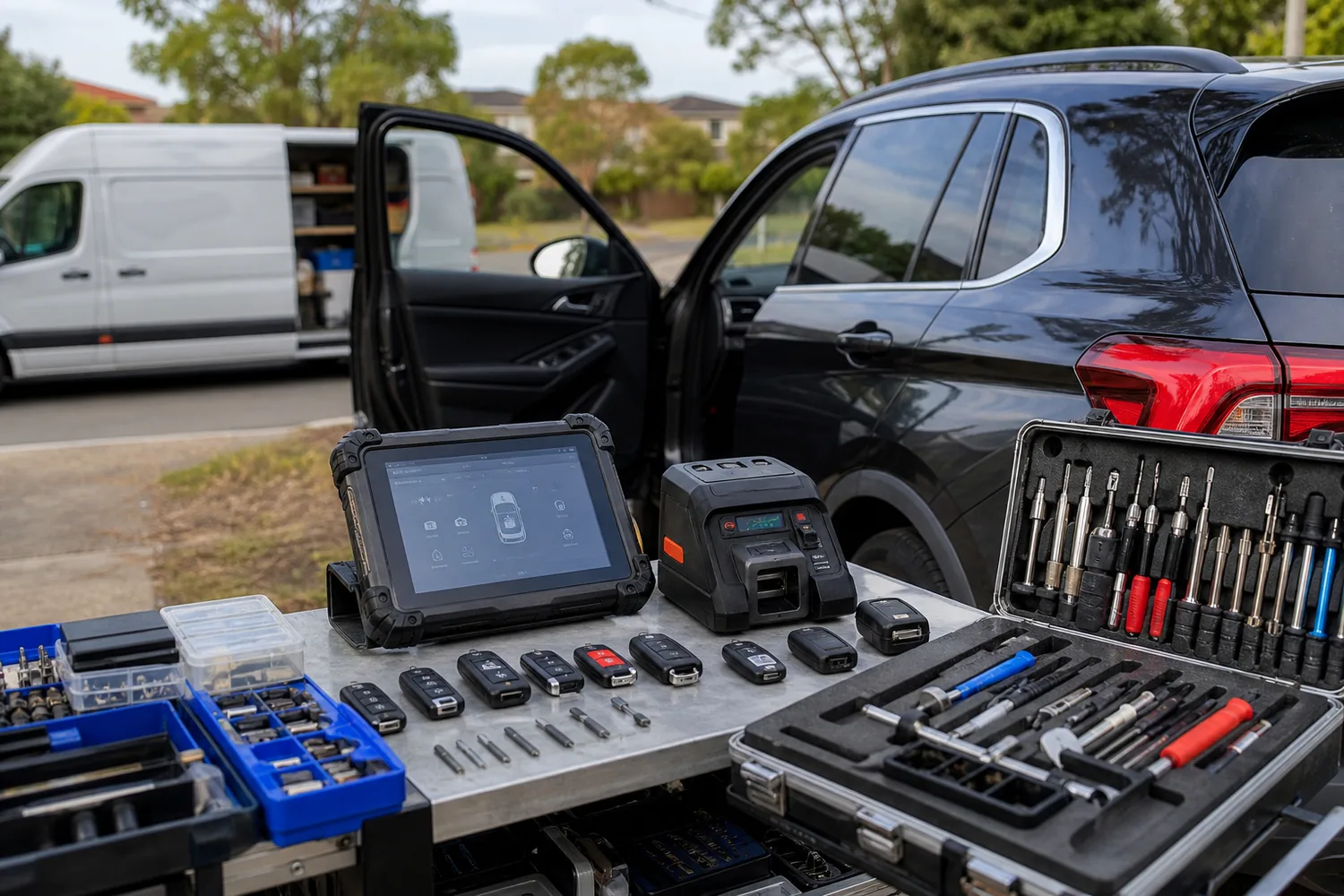 Automotive locksmith diagnostic tools beside a vehicle in Narre Warren